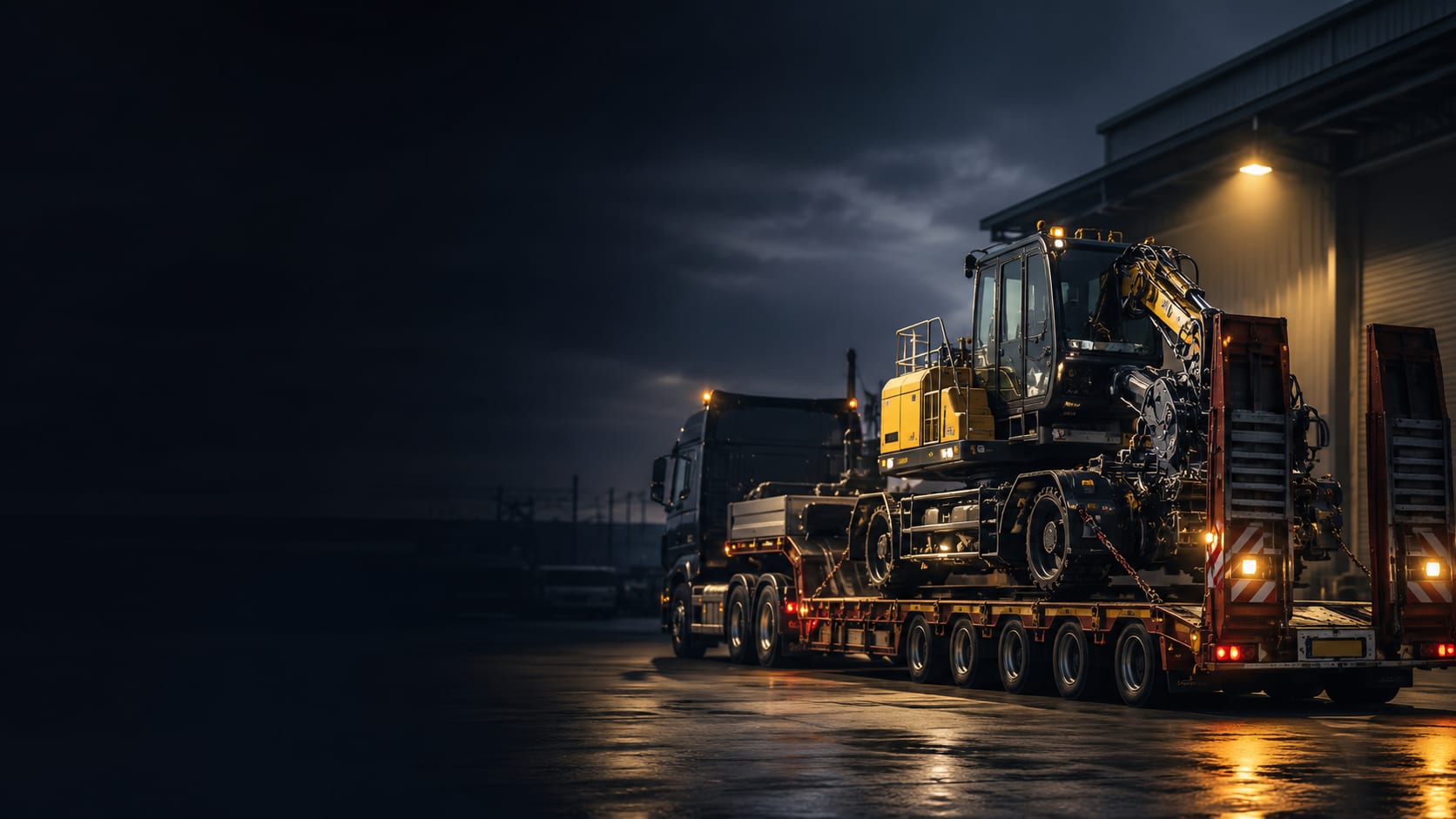 Porte-char chargé d'une pelle rail-route, départ de nuit depuis le dépôt